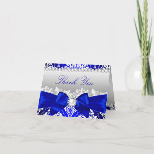 Royal Blue Damask & Pearl Bow Carte de remerciemen