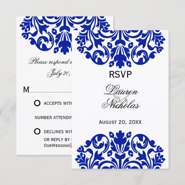 Royal Blue Damask Réponse RSVP (Devant / Derrière)