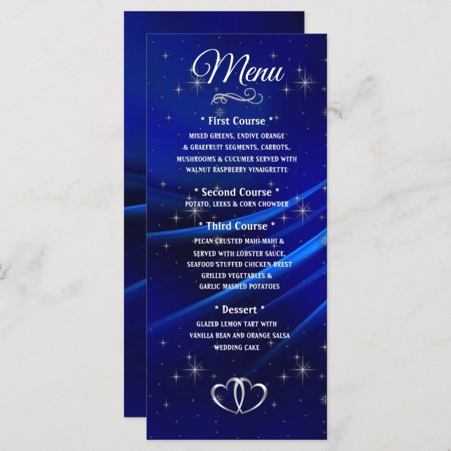Royal Blue Diamonds and Hearts Menu Mariage (Devant / Derrière)