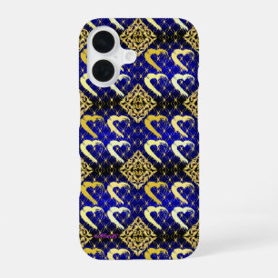 Royal Blue et Gold Hearts de luxe iPhone 16 Coque