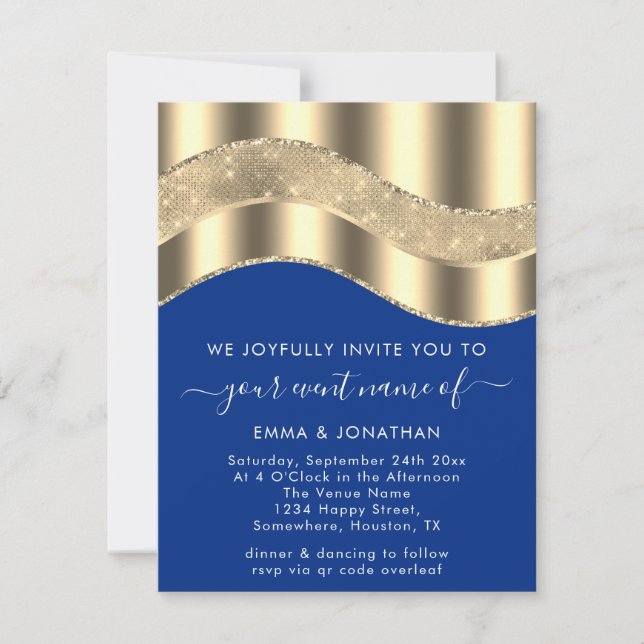 Royal Blue Faux Gold Bordure Vague QR Code Mariage (Devant)