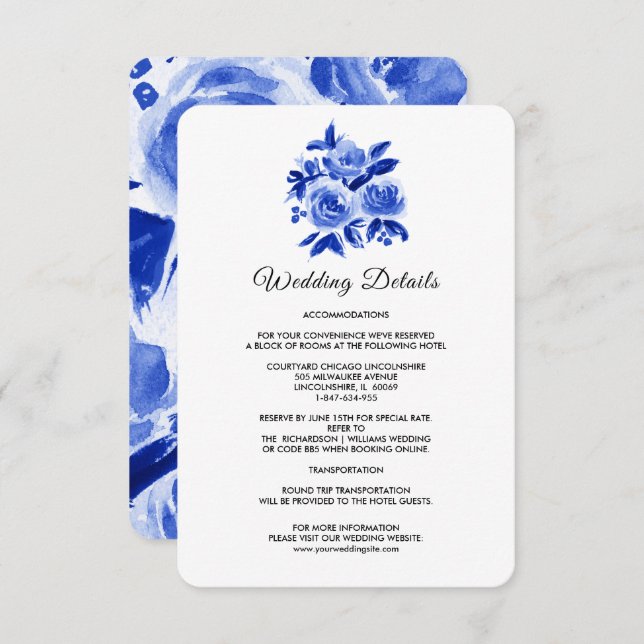 Royal Blue Floral Aquarelle Mariage Détails Cartes (Devant / Derrière)