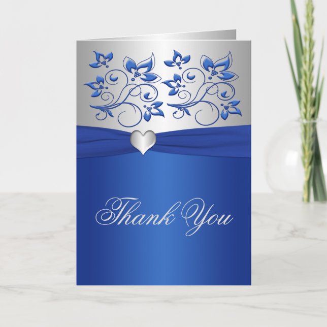 Royal Blue Floral et Silver Heart Carte de remerci (Devant)