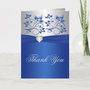 Royal Blue Floral et Silver Heart Carte de remerci