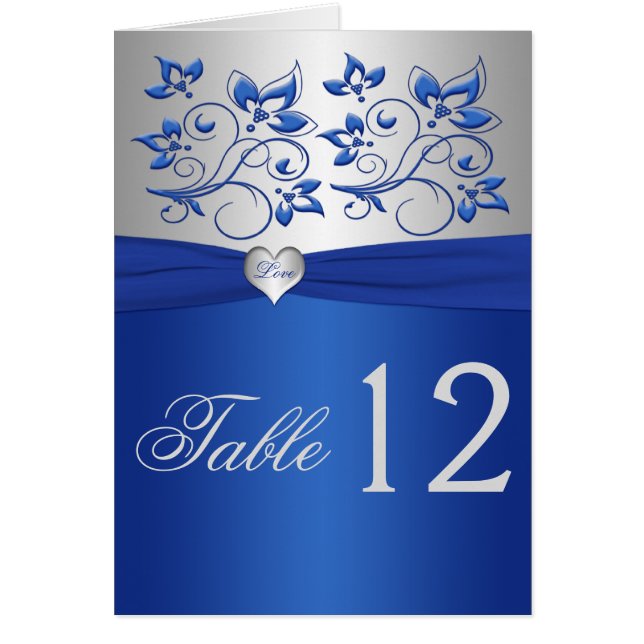 Royal Blue Floral et Silver Heart Numéro de table (Devant)