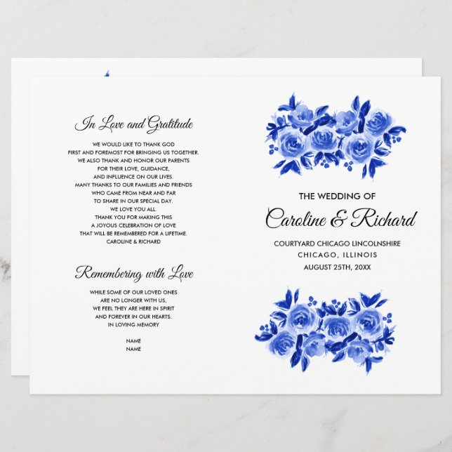 Royal Blue Floral Watercolor Programme de mariage (Devant / Derrière)