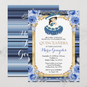 Royal Blue Flowers Gold Quinceanera Invitation
