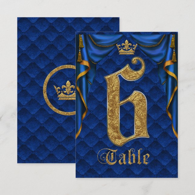 Royal Blue Gold Couronne Mariage Numéro de Table 6 (Devant / Derrière)