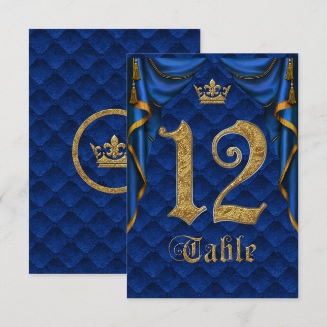 Royal Blue Gold Crown Mariage Numéro de Table 12 (Devant / Derrière)