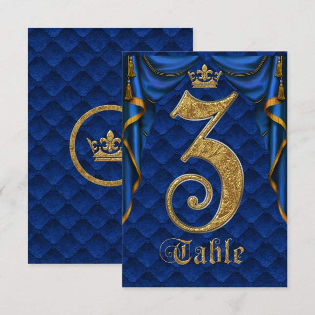 Royal Blue Gold Crown Mariage Numéro de Table 3 (Devant / Derrière)