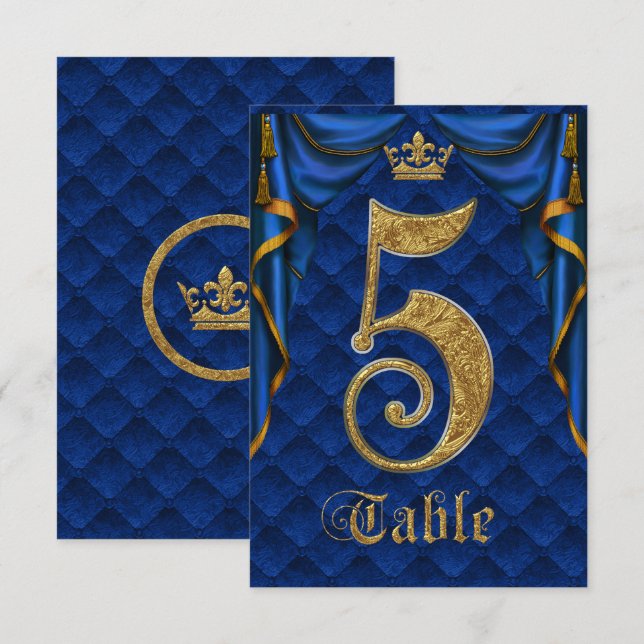 Royal Blue Gold Crown Mariage Numéro de Table 5 (Devant / Derrière)