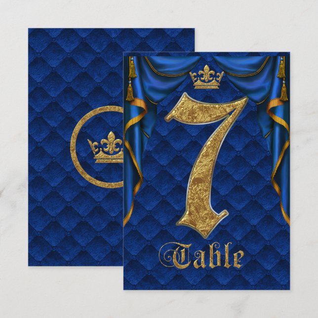 Royal Blue Gold Crown Mariage Numéro de Table 7 (Devant / Derrière)