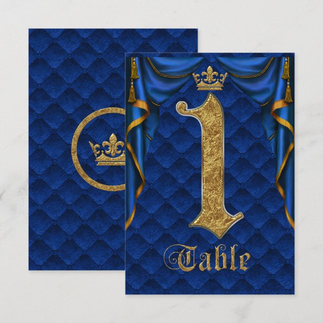 Royal Blue Gold Crown Numéro de Table de Mariage 1 (Devant / Derrière)