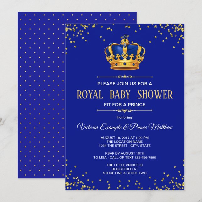 Royal Blue Gold Prince Baby Shower Invitations (Devant / Derrière)