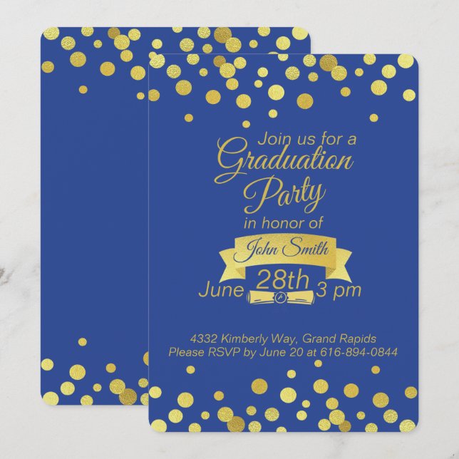 Royal Blue Gold script Graduation Carte d'invitati (Devant / Derrière)