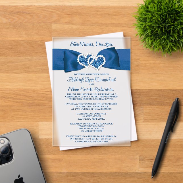 Royal Blue, Gray Love Hearts Wedding Invitation (Insitu (Carte d'invitation))