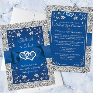 Royal Blue, Grey Love Hearts Faire-part de mariage