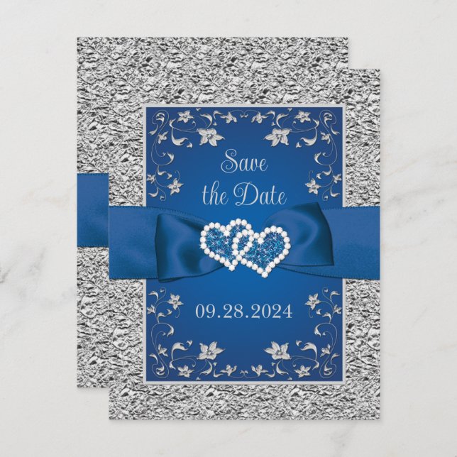 Royal Blue, Grey Love Hearts Mariage Enregistrer l (Devant / Derrière)