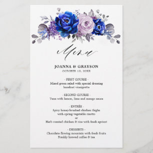 Royal Blue Lilac Purple Floral Menu Mariage
