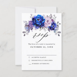 Royal Blue Lilac Purple Floral Wedding Carte RSVP