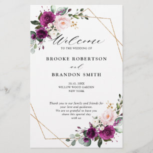 Royal Blue Lilac Purple Floral Wedding Programme