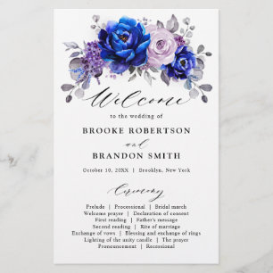 Royal Blue Lilac Purple Floral Wedding Programme