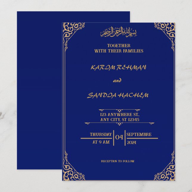 Royal Blue Nikah Faire-part de mariage musulman is (Devant / Derrière)