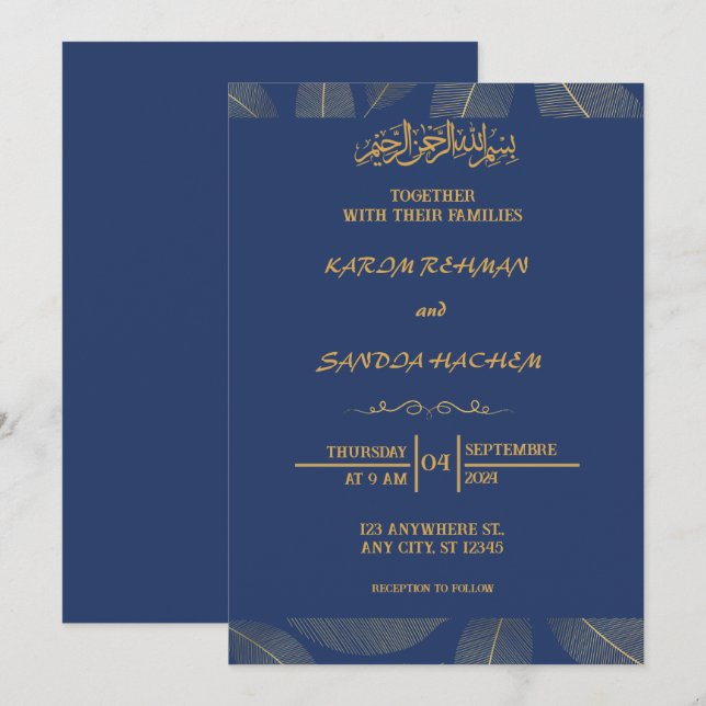 Royal Blue Nikah Faire-part de mariage musulman is (Devant / Derrière)