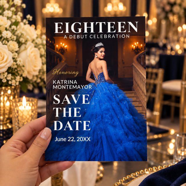 Royal Blue Or 18e Anniversaire Enregistrez la Date (Elegant 18th birthday save the date invitation shown in hand)