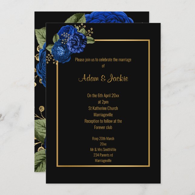 ROYAL BLUE OR FLORAL ÉLÉGANT INVITATION MARITIME (Devant / Derrière)
