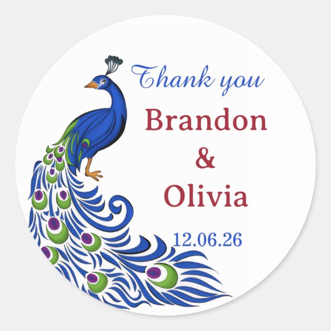 Royal Blue Peacock Wedding Stickers & Labels (Devant)