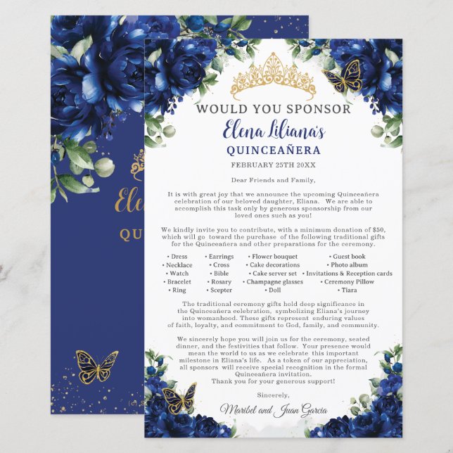 Royal Blue Quinceanera 15 Sponsor Request Letter (Devant / Derrière)