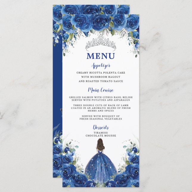 Royal Blue Rose Floral Girl Robe Quinceañera Menu (Devant / Derrière)