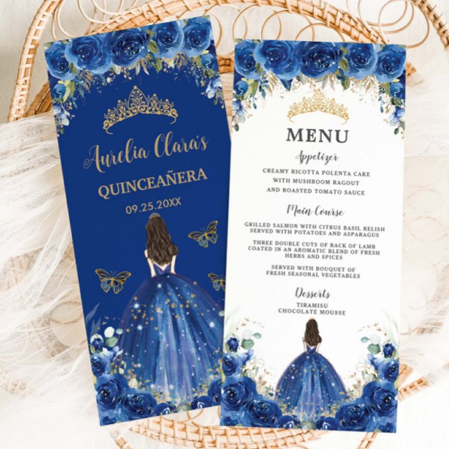 Royal Blue Rose Floral Girl Robe Quinceañera Menu (Créateur téléchargé)