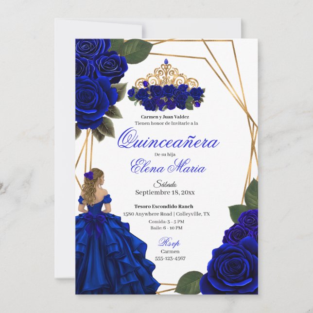 Royal Blue Rose Gold Quinceañera Invitation (Devant)