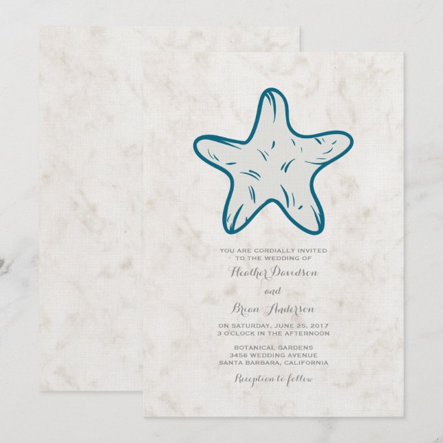 Royal Blue Rustic Starfish Mariage Invitation (Devant / Derrière)