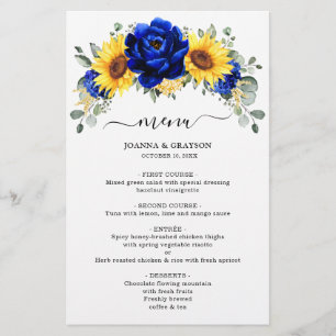 Royal Blue Rustic Sunflower Menu Mariage moderne