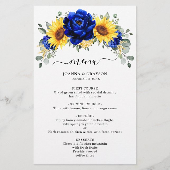Royal Blue Rustic Sunflower Menu Mariage moderne (Devant)