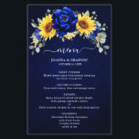 Royal Blue Rustic Sunflower Menu Mariage moderne<br><div class="desc">Élégant et moderne menu de mariages campagnards rustiques avec tournesol jaune vif, pivoines bleues royales, souffle bébé, cadre floral gypsophila / couronne avec feuilles eucalyptus. S'il vous plaît trouver d'autres modèles et variantes de mon magasin "blissweddingpaperie". Et n'hésitez pas à me contacter pour plus de personnalisation ou de correspondance d'articles....</div>