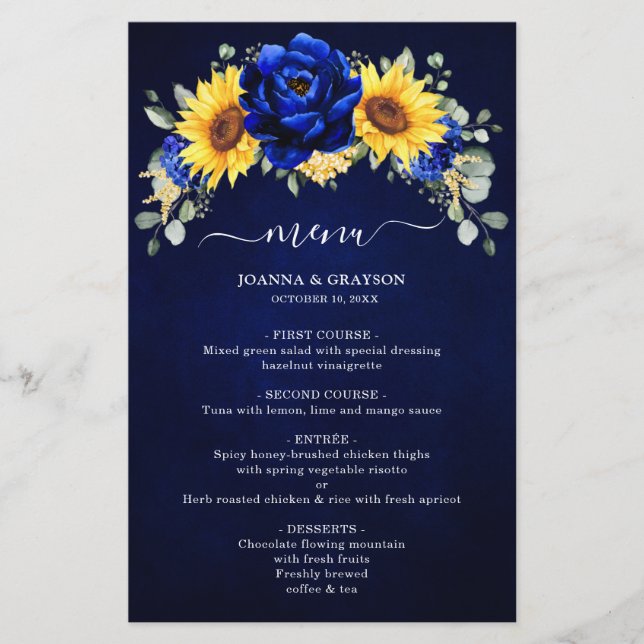Royal Blue Rustic Sunflower Menu Mariage moderne (Devant)