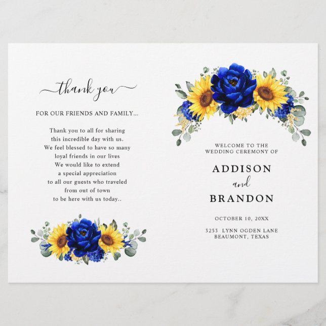 Royal Blue Rustic Sunflower Programme de mariage m (Devant)