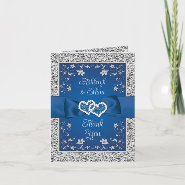 Royal Blue, Silver Love Hearts Carte de remercieme (Devant)