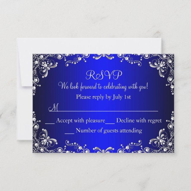 Royal Blue Silver Pearl Damask Sweet 16 RSVP (Devant)