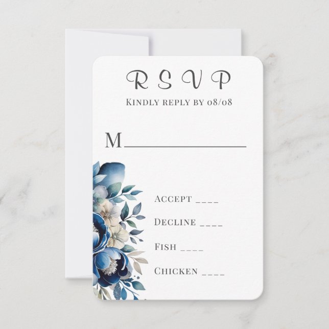 Royal Blue & Silver Peony Wedding Cartes RSVP (Devant)
