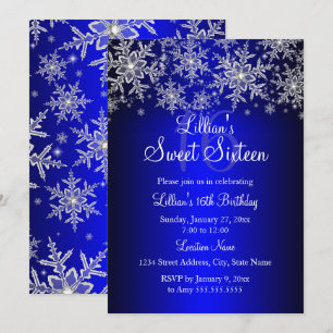 Royal Blue Silver Snowflake Sweet 16 Invitation