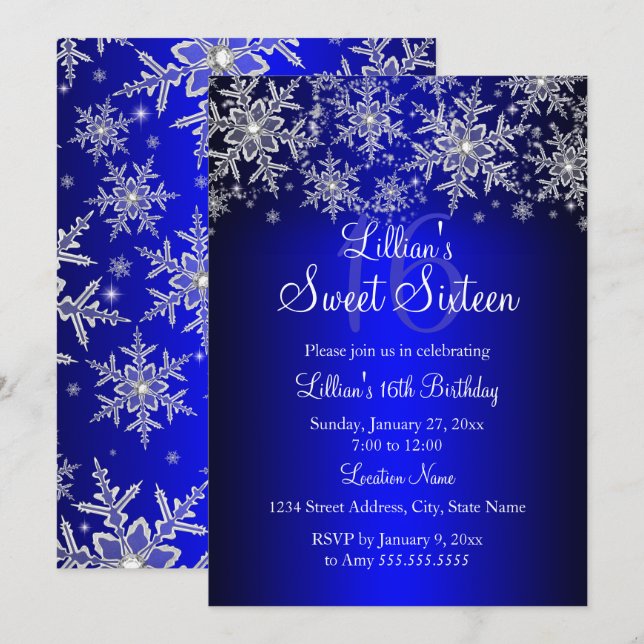 Royal Blue Silver Snowflake Sweet 16 Invitation (Devant / Derrière)