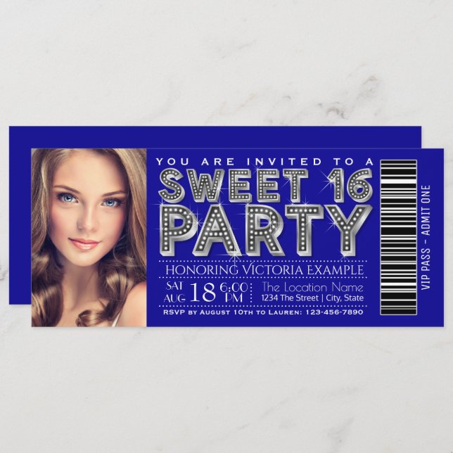 Royal Blue Silver Sweet 16 Ticket Invitation (Devant / Derrière)
