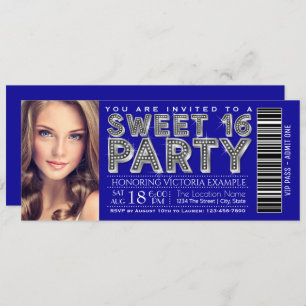 Royal Blue Silver Sweet 16 Ticket Invitation