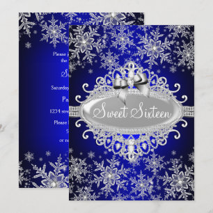 Royal Blue Sparkle Snowflake Sweet 16 Invitation