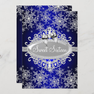 Royal Blue Sparkle Snowflake Sweet 16 Invitation